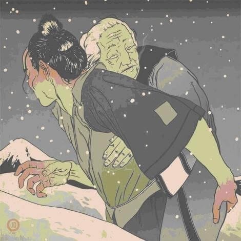 son taking his mother to the mountain